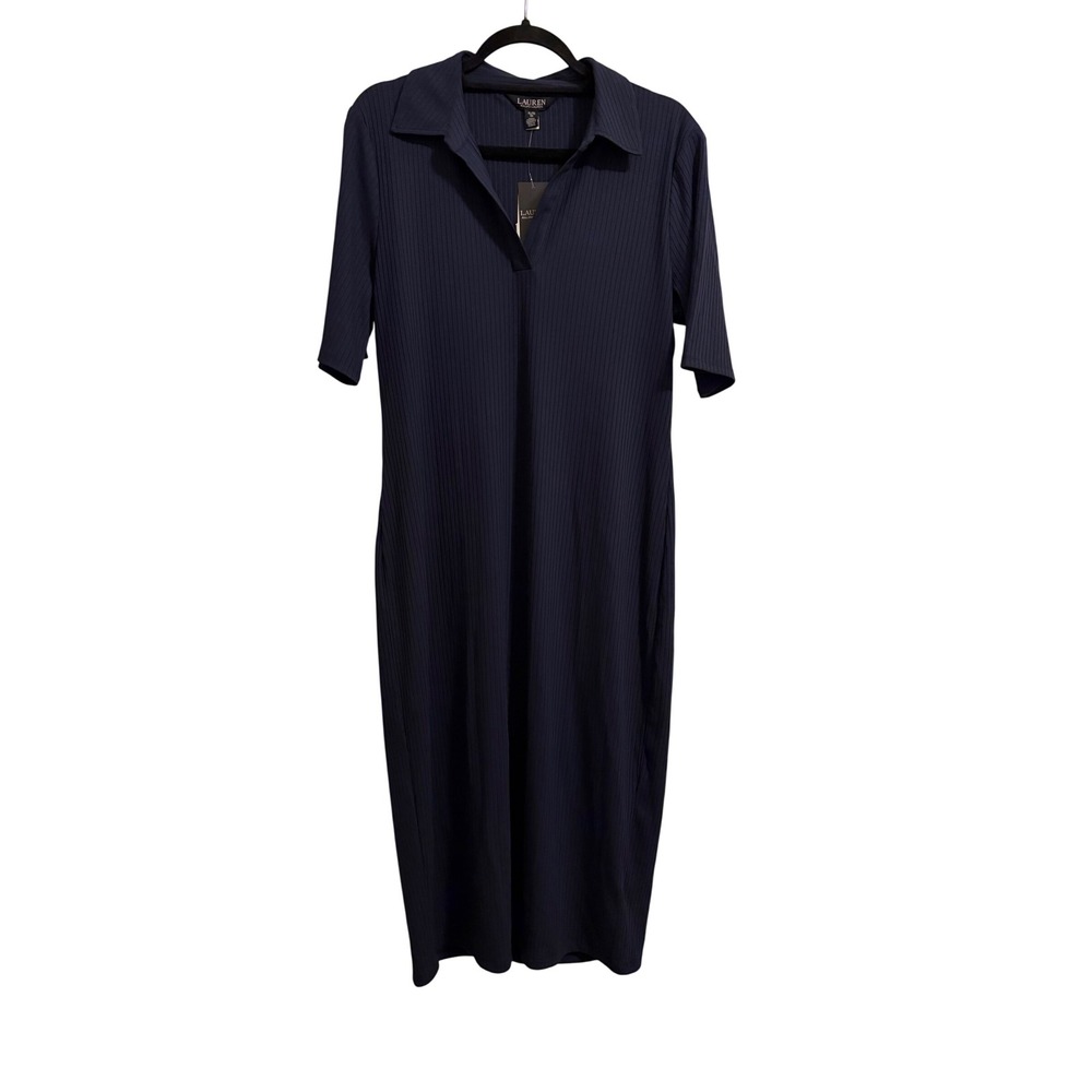 Lauren Ralph Lauren NWT Rib-Knit Elbow Sleeve Polo Midi Dress Navy XL - Picture 2 of 8